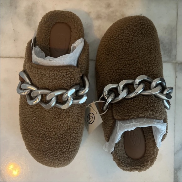 ASH Women's Ghost Fur Mule Slide Clog Brown Leather Silver Metal Chain 7.5 8 38 - Picture 7 of 11